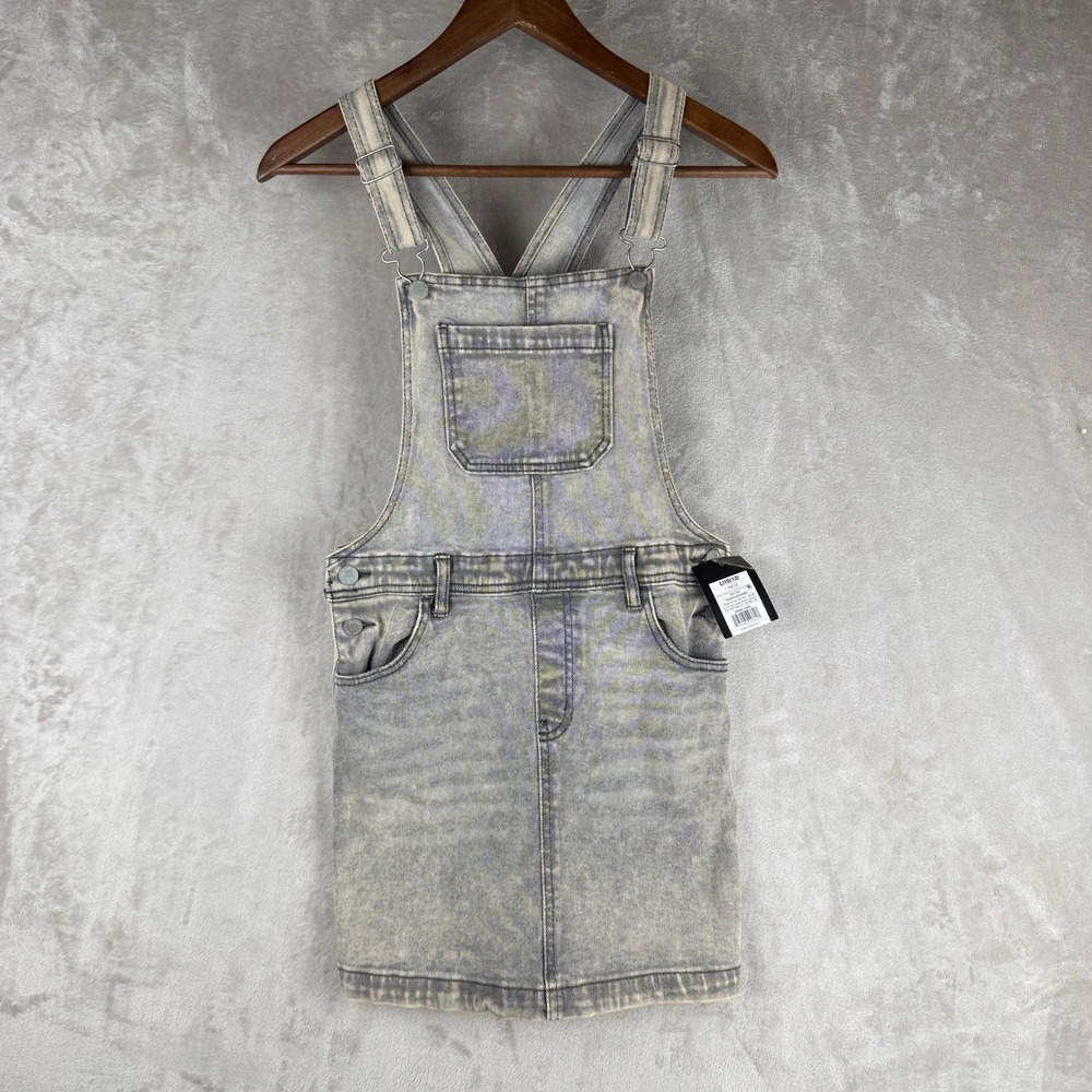 Kids Acid Wash Denim Overall Dress Grey Yellow Size 11/12 NWT
